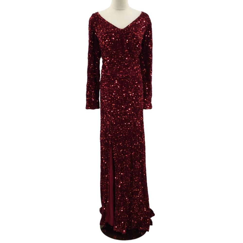Elegant Burgundy Sequin Maxi Dress - Long Sleeve V-Neck